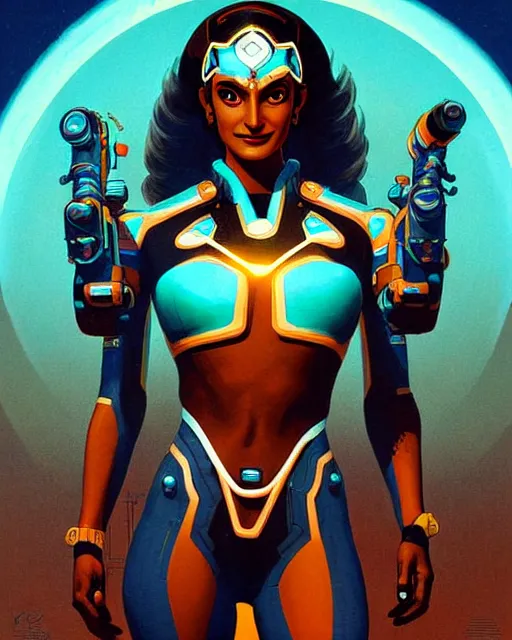 Image similar to symmetra from overwatch, character portrait, portrait, close up, concept art, intricate details, highly detailed, vintage sci - fi poster, retro future, in the style of chris foss, rodger dean, moebius, michael whelan, and gustave dore