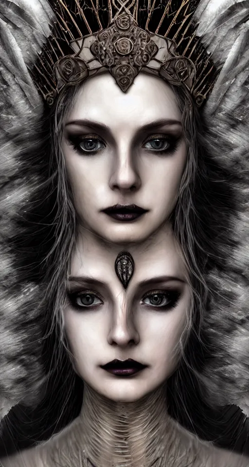 Image similar to a single faced portrait of the enchantress queen with a stunning timeless beauty, breathtaking eyes, perfect skin, feathered eyelashes, royal gothic dress with a lot of leather, heavy silent hill aesthetic, incredibly intricate, digital art, blender, houdini & photoshop, very elegant & complex, hyper-maximalist, overdetailed, epic cinematic quality, biblical art lighting, photorealistic, lifelike, OLED, DSLR HDR 8k, face is the focus, facial feature symmetry, hyper composed, created by Nixeu & z--ed from deviantart