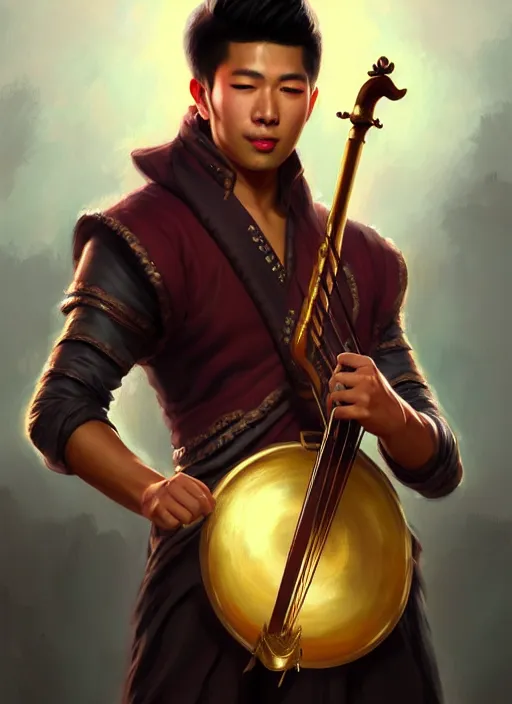 Image similar to a _ fantasy _ style _ portrait _ painting _ of asian male charismatic bard playing instrument, rpg dnd oil _ painting _ unreal _ 5 _ daz. _ rpg _ portrait _ extremely _ detailed _ artgerm _ greg _ rutkowski _ greg