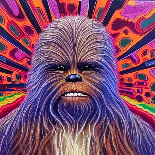 Prompt: A painting of chewbacca thinking designed by alex grey, flooko, etheral, detailed, glows,