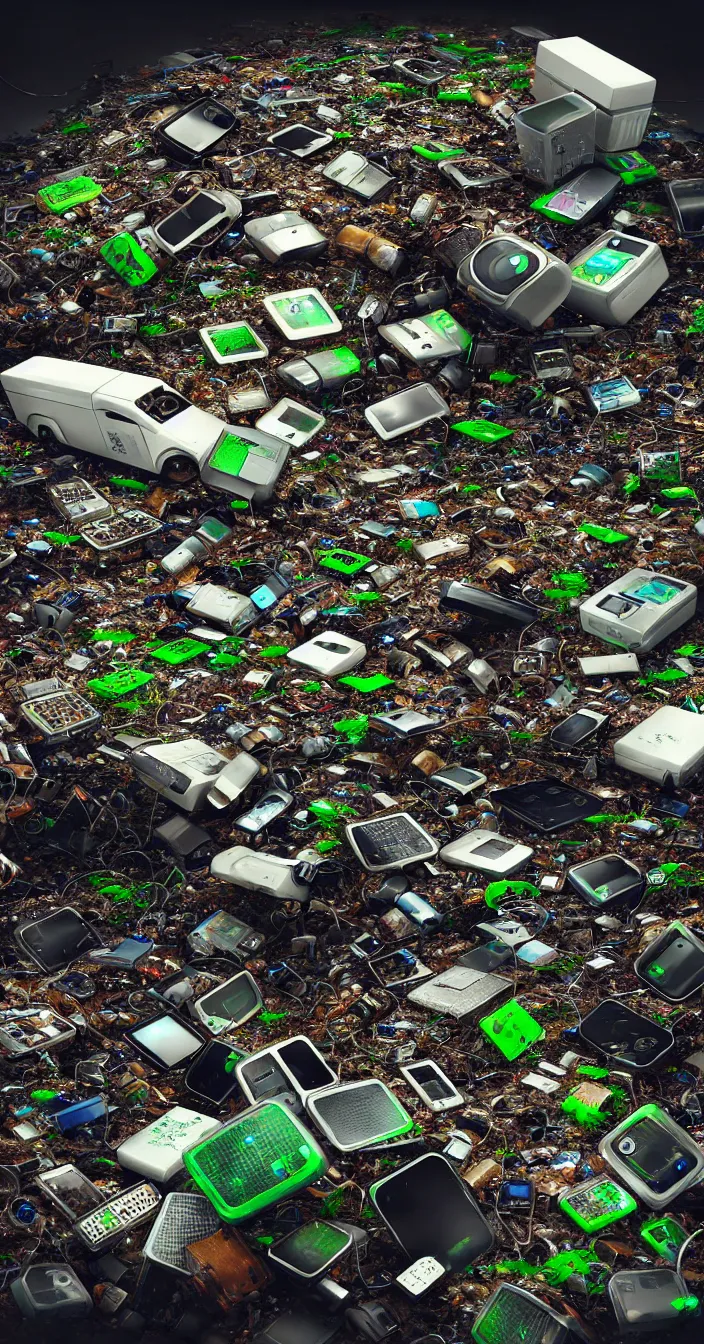 Prompt: realistic photo of problems of electronic waste pollution in future, very sharp focus, very hyper realistic, highly detailed, fantasy art station