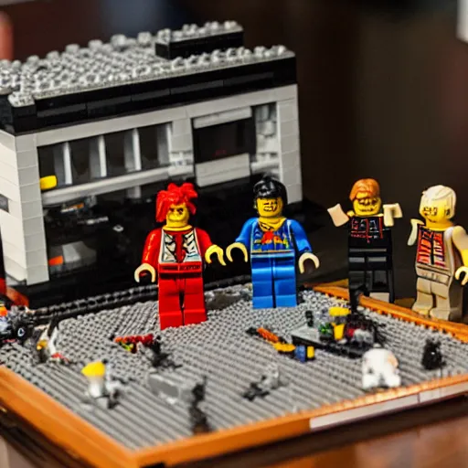 Prompt: a bloody muder scene recreated with legos