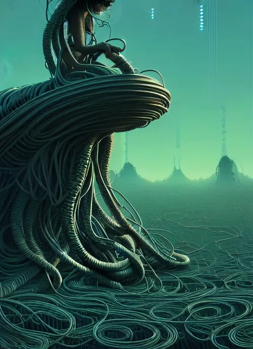 Image similar to highly detailed portrait of a biopunk long curly white hair tribal lady, stray wiring by atey ghailan, james gilleard, by joe fenton, by greg rutkowski, by greg tocchini, by kaethe butcher, 4 k resolution, gradient green, black and white color scheme!!! ( ( irradiated robotic mountain landscape background ) )