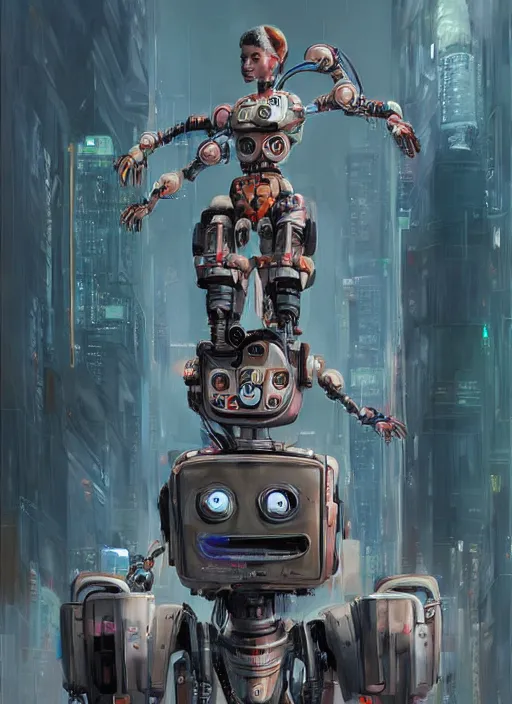 Image similar to An epic fantastic realism graphic novel cover style painting of a beautiful girl, riding on the shoulders, of a robot with four arms, robotics, short pigtails hair, cyberpunk, Concept world Art, ultrarealistic, hyperrealistic, dynamic lighting by Paolo Eleuteri Serpieri