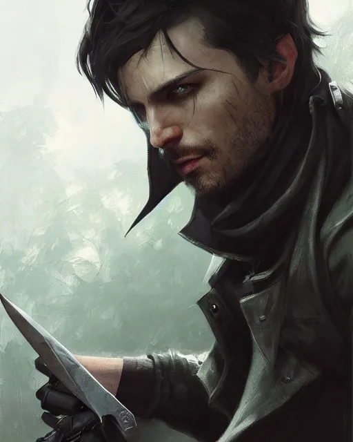 Prompt: male rogue, gray - green eyes, black assassins clothes, ear - length brown hair, blade on his waist | | realistic shaded, fine details, realistic shaded lighting painting by greg rutkowski, diego gisbert llorens, magali villeneuve, artgerm, jeremy lipkin, michael garmash, rob rey