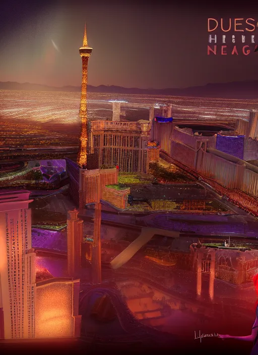Image similar to realistic matte painting, full length portrait, duchess of blood, night shot of las vegas in background, highly detailed, CGsociety, subtle, concept art, HDR, hyper realistic, volumetric lighting, subsurface scattering, unreal