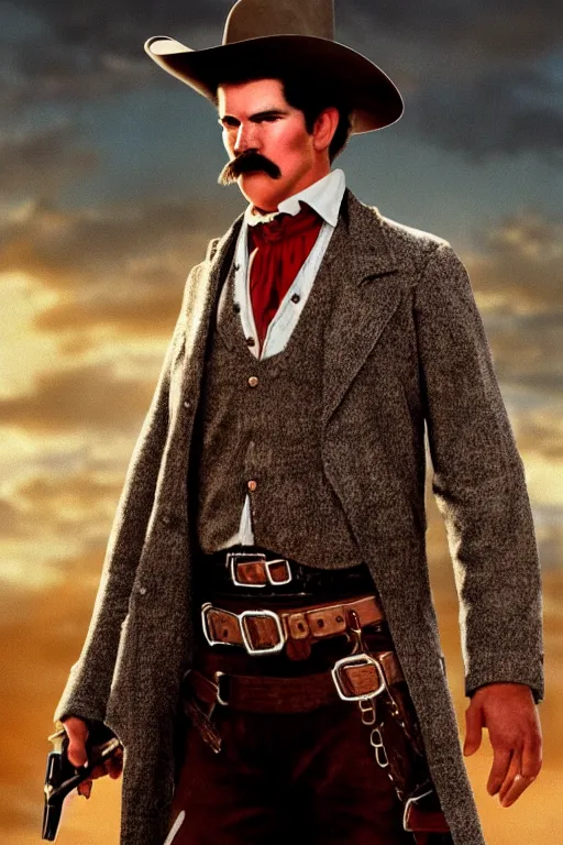 Prompt: highly photorealistic render of young val kimer as wyatt earp from tombstone set against a western town, intricate detail, attention to details, realistic color scheme, volumetric lighting