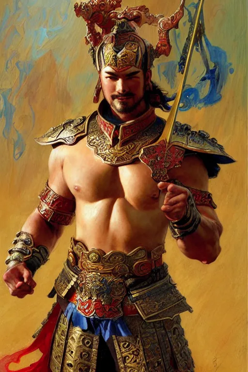 Prompt: attractive beefy male with armor, ming dynasty, character design, colorful paint, sweat, painting by gaston bussiere, craig mullins, j. c. leyendecker