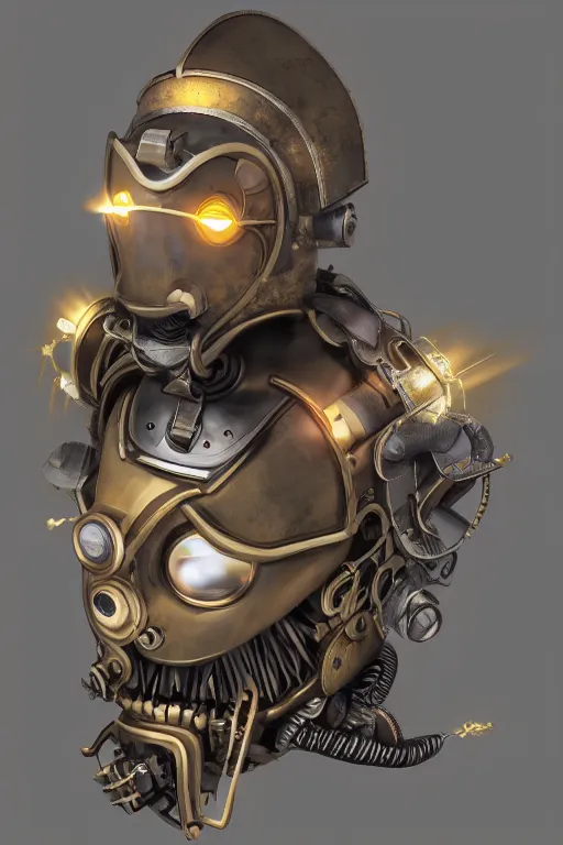 Image similar to steampunk mask minimalist fantasy art robot ninja helmet, global illumination ray tracing hdr fanart arstation by sung choi and eric pfeiffer and gabriel garza and casper konefal radiating a glowing aura