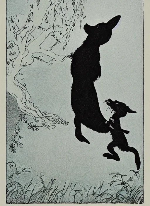 Prompt: silhouette howling at the moon, illustrated by peggy fortnum and beatrix potter and sir john tenniel