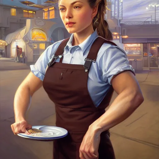 Image similar to epic portrait an muscular waitress wearing short sleeved uniform and carrying electronics, detailed, centered, digital painting, artstation, concept art, donato giancola, Joseph Christian Leyendecker, WLOP, Boris Vallejo, Breathtaking, 8k resolution, extremely detailed, beautiful, establishing shot, artistic, hyperrealistic, beautiful face, octane render