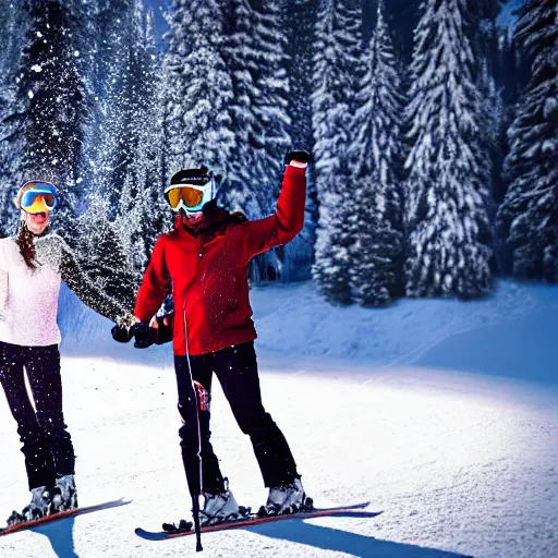 Prompt: happy couple skiing, snowfall, beautiful lighting, 4k