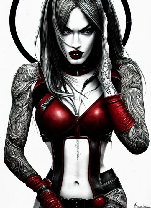 Image similar to symmetry concpet art, full shot, traditional ink, sketch, of megan fox as harley quinn, line sketch, intricate, elegant, highly detailed, monochrome, digital painting, artstation, concept art, green, black, red ink sharp focus, illustration, art by borderlands 3 and peter polach