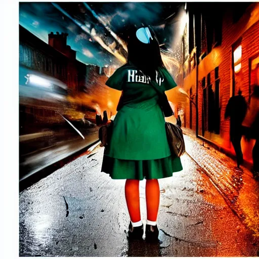 Prompt: night flash portrait photography of a high school girl in catholic uniform on the lower east side by annie leibovitz, colorful, nighttime!, raining!