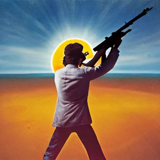 Image similar to so he shot at the sun with a gun, surreal