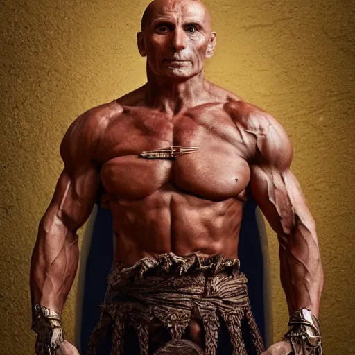 Image similar to enrico letta warlord wearing bronze age clothing, bodybuilder, anatomical, symmetrical, zoom out, high quality, high definition, 8 k, photograph photorealistic by frank frazetta