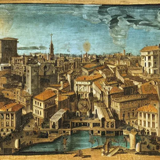 Prompt: print. a cityscape. the different colors and shapes represent different parts of the city. renaissance, dandelion by annibale carracci