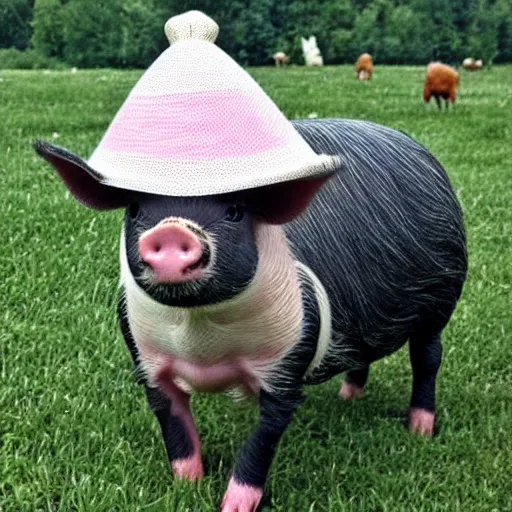 Image similar to miniature pig wearing a sunhat, piglet, piggy, baby animal, cute, adorable, summer
