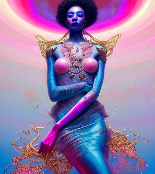 Image similar to porttait of a beautiful celestial Italian Mexican pearlescent rgb Goddess wearing a futuristic lush Japanese slim dress exposed in cryo chambers by James Jean, royal blue and pink and gold theme, intricate, elegant, highly detailed, centered, digital painting, artstation, concept art, smooth, sharp focus, illustration, by Peter Mohrbacher, WLOP