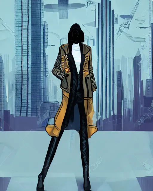 Image similar to cypherpunk fashion illustration, camera face, city street background with high tall buildings, abstract portrait highly detailed, finely detailed