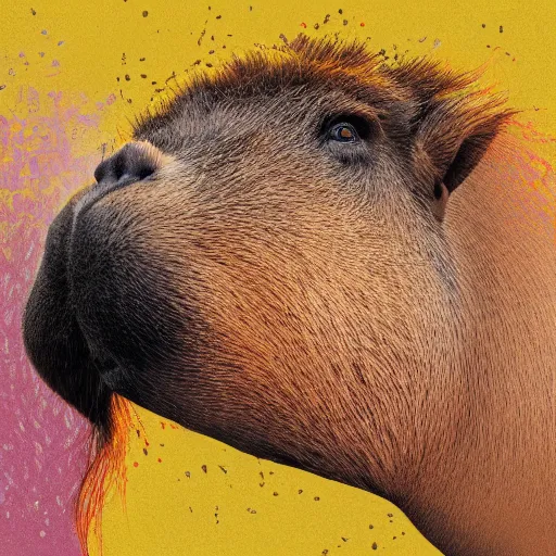 Image similar to abstract art of a well dressed capybara, profile view, wearing a suit laughing showing big teeth, in the style of tracie grimwood