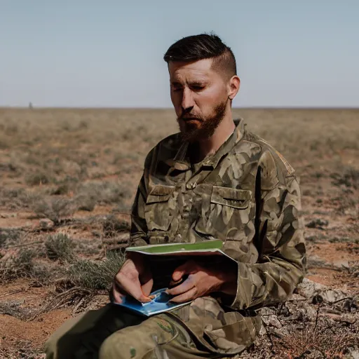 Prompt: portrait of a man wearing camuflage, army clothing, he ‘ s sitting in the desert eating some delicious crayons, beautiful composition, 5 0 mm f 1. 8, ambient light