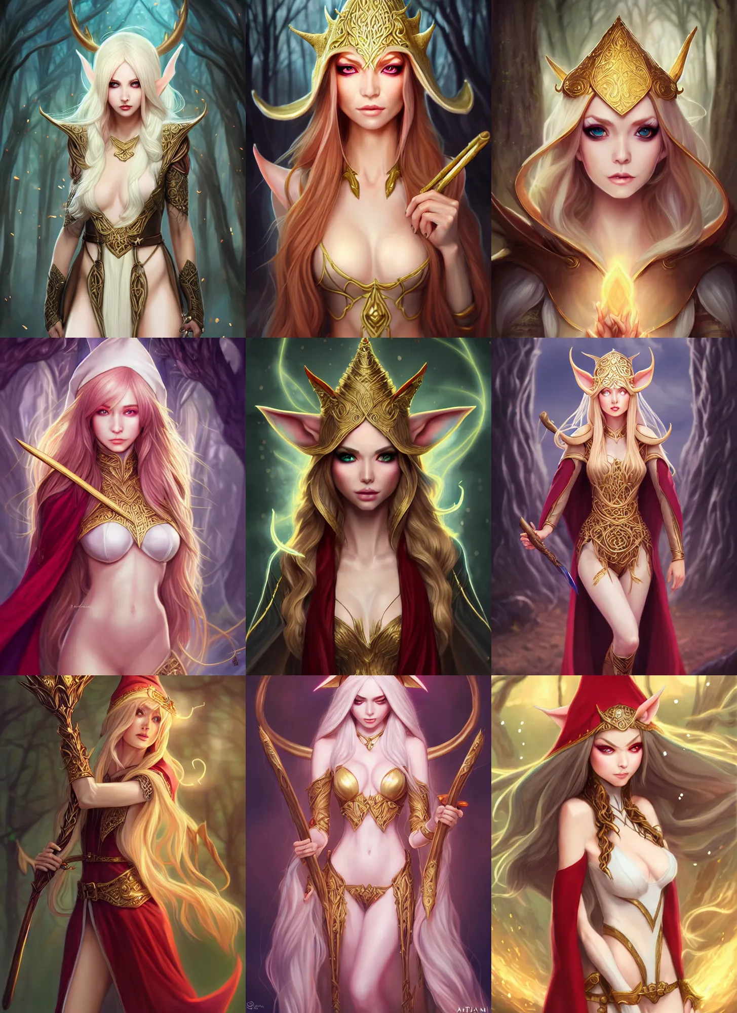 Image similar to full body portrait beautiful elf sorceress, skintight robes, hat, tunic, detailed face, golden hair, big red eyes, white skin, forest, scepter, high fantasy, extemely detailed, dnd, smooth, sharp focus, digital illustration, by artgerm, sakimichan, rossdraws