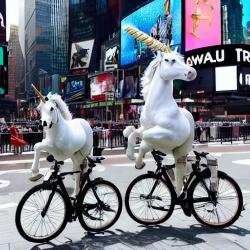 Image similar to two whitw unicorns riding bikes in time square, photoreal