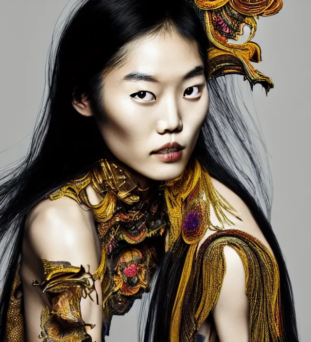 Image similar to face portrait of liu wen. great hair style, half in shadow, natural pose, natural lighing, rim lighting, wearing ornate stunning cloth created by iris van herpen, with a colorfull makeup, highly detailed, skin grain detail, photography by paolo roversi