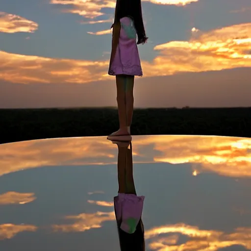 Image similar to a girl looking at the sky standing on top of a vast mirror in the sunset by Jenny Yu