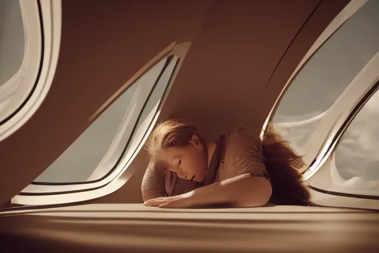 Image similar to fuji 5 0 r 3 5 mm, architectural studio magazine photography, woman sleeps in sci - fi spaceship interior, soft light, golden hour