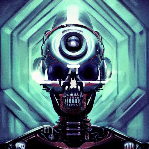 Prompt: skull - headed robot cyborg painting, illutstration, concept art, cyberpunk, futurism, comics art, artgerm
