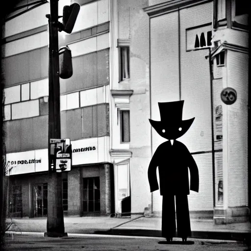 Image similar to the Babadook standing across the street, photograph, black and white