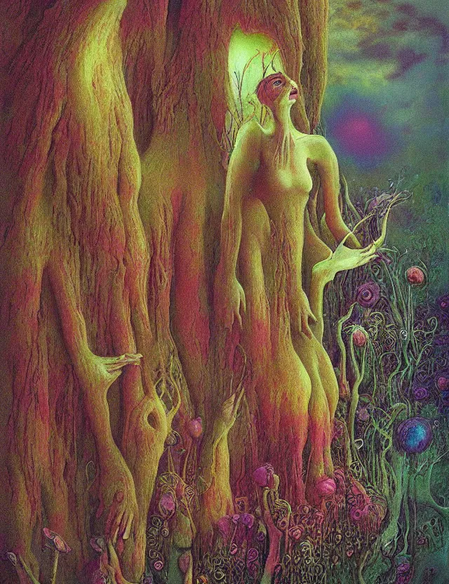 Image similar to fungal bloom fairy queen mold fae noble by zdzisław beksiński, dark whimsical oil painting award winning, chromatic aberration sharp colors