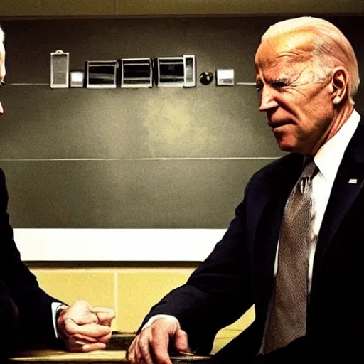 Prompt: “Detailed photorealistic screenshot of Joe Biden meeting Walter White in an episode of Breaking Bad, atmospheric lighting, award-winning”