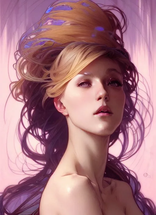 Image similar to digital character concept art by artgerm and greg rutkowski and alphonse mucha. clear portrait of a modern young wife blessed by god to uncontrollably grow overwhelmingly perfect!! blonde, worksafe! feminine well - formed holy body!! light effect. hyper detailed, glowing lights!! intricate, elegant, digital painting, artstation, smooth, sharp focus