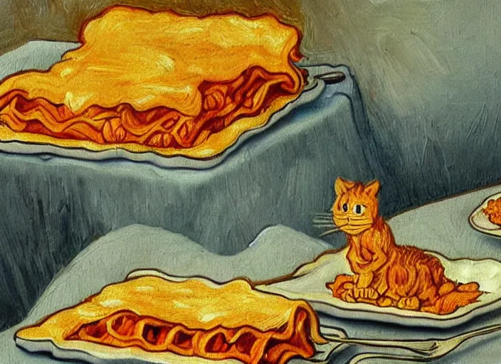 Image similar to detailed realistic realism painting of garfield eating lasagna at dusk, in the style of vincent van gogh and salvador dali and leonardo da vinci