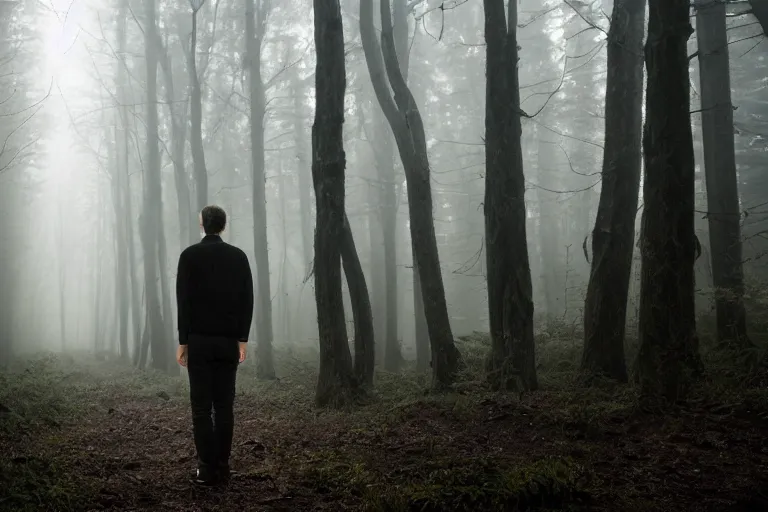 Image similar to a photorealistic cinematic headshot portrait of a skinny evil male scientist, stood in a spooky forest, fog, shrubbery, 8 k, detailed, backlight, deep focus, movie still, moody lighting, by werner herzog