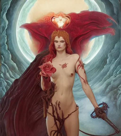 Image similar to blood rose devil nightmare of the maiden in the fortress of lies, by annie swynnerton and tino rodriguez and charlie bowater and tom bagshaw and nicholas roerich and jean delville and evelyn de morgan and lucien freud, dramatic lighting, floral tattoos, rich colors, smooth sharp focus, anime key visual, extremely detailed, adolf wolfli