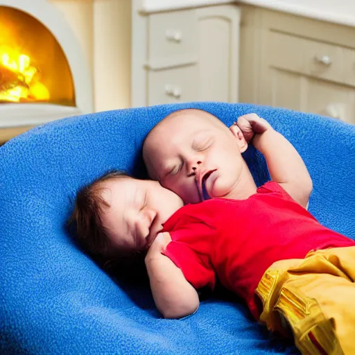 Image similar to small firefighter, asleep on blue reclining chair, dark hair