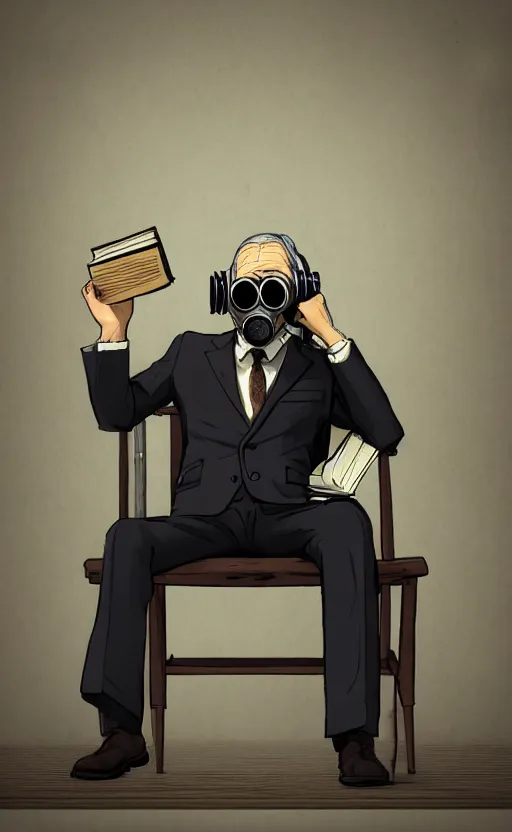 Image similar to old, man, work, vintage suit, sittin, chair, book, gasmask, do, what, we, can, then, leave, it, to, god, non fiction, stability, intricate, elegant, 8 k, uhd, justify content center, artstation, concept art, matte, sharp focus, illustration, consistent, one object content