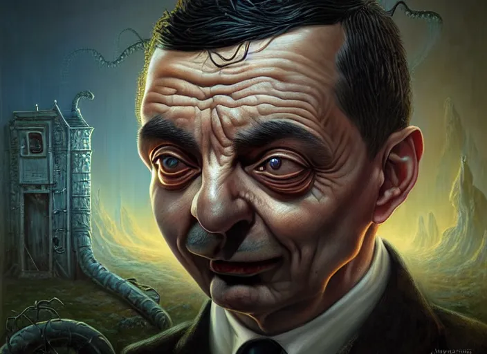 Prompt: lovecraft biopunk portrait of mr bean, fractal background, by tomasz alen kopera and peter mohrbacher