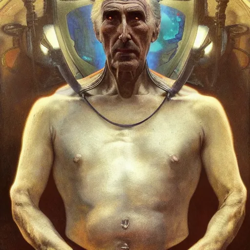 Image similar to hyperrealist portrait of christopher lee as an ancient old alien with large cruel intelligent eyes and a huge head standing in front of a computer interface by jeremy mann and alphonse mucha and alan lee, fantasy art, photo realistic, dynamic lighting, artstation, poster, volumetric lighting, very detailed faces, award winning, full face, symmetry