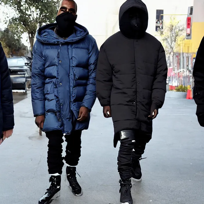 Image similar to kanye west using a full face covering black mask, a small bright blue round puffer jacket made of nylon and big black rubber boots,