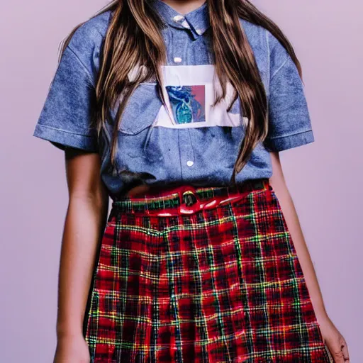 Image similar to female jade weber model teenage photography plaid mini skirt band shirt beautiful face, dramatic light darkroom