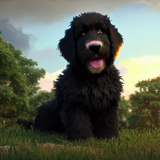 Image similar to a wholesome animation key shot of a black bernedoodle puppy, pixar and disney animation, sharp, rendered in unreal engine 5, anime key art by greg rutkowski, bloom, dramatic lighting