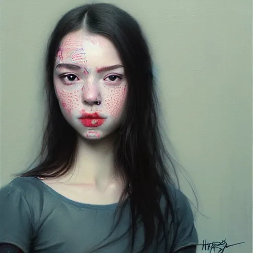 Prompt: Facial portrait of a pretty young cute girl, looking at the camera, slight awkward smile, lips slightly parted, no hands visible, extremely detailed painting by Greg Rutkowski and by Henry Justice Ford and by Harumi Hironaka