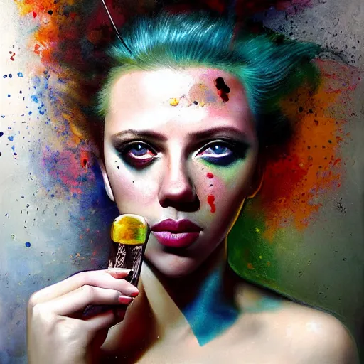 Prompt: beautiful painting of drunken scarlett johansson as delirium from sandman, one green eye and one blue eye, ( hallucinating colorful soap bubbles ), by jeremy mann, by sandra chevrier, by dave mckean and richard avedon and maciej kuciara, 1 9 8 0's, punk rock, tank girl, high detailed, 8 k
