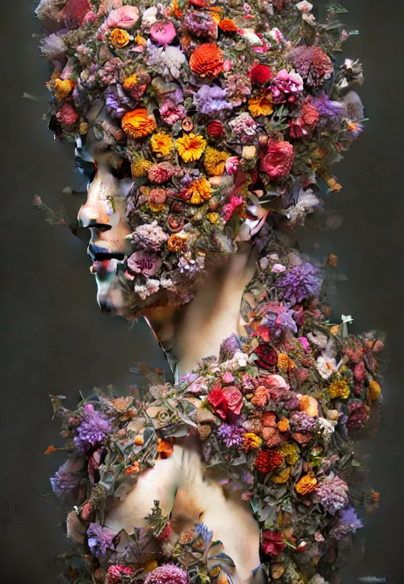 Image similar to anatomy full body made of flowers, very detailed, 8k, maximized, ornate, masterpiece, complex, by Greg rutkowski, Alex Gray, surrounded by smoke