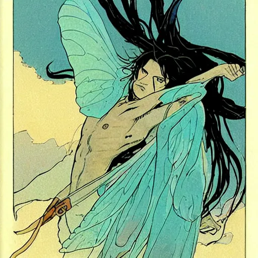 Image similar to long dark hair man with light blue eyes and scars, flying with his blue spren fairy called syl by Moebius,